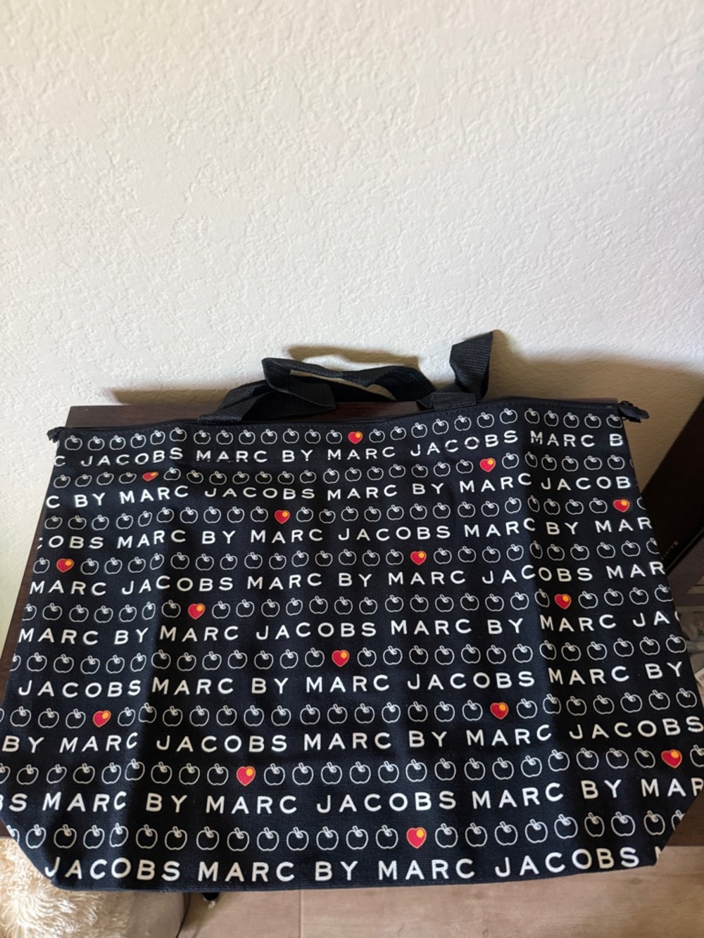 Marc Jacobs Black Tote with White Logo and Red Heart Accents NWOT